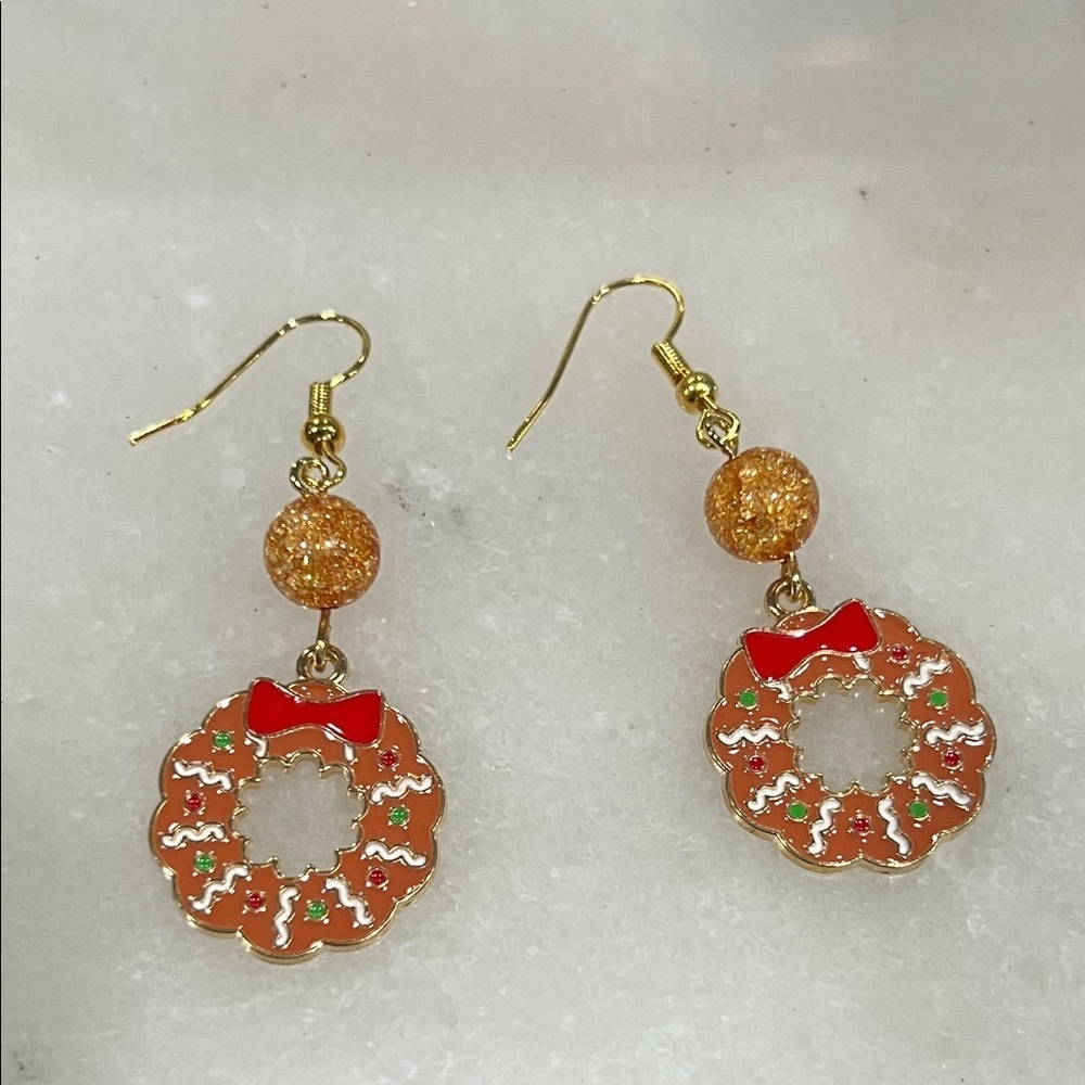 Holiday Wreath Gingerbread Cookie and Quartz Drop Earrings